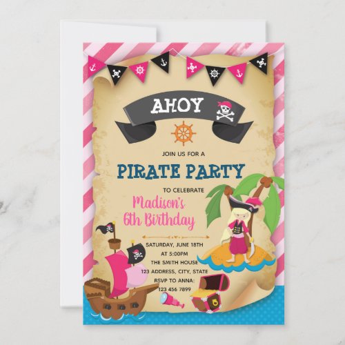 Pink girl pirate theme invitation