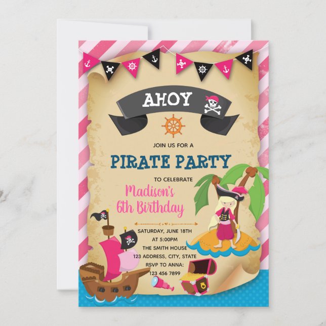 Pink girl pirate theme invitation (Front)