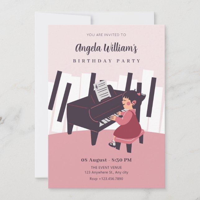 Pink girl playing piano invitation (Front)