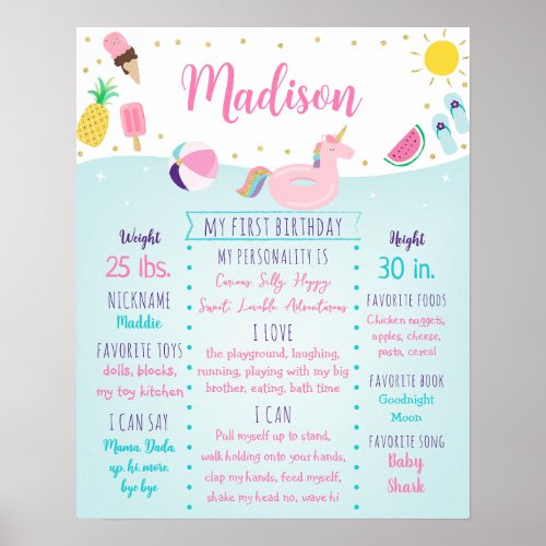 Pink Girl Pool Party First Birthday Milestone Poster