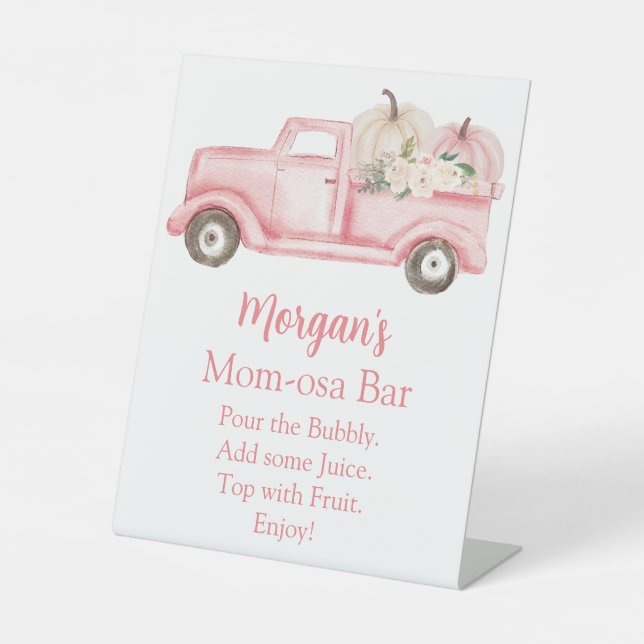 Pink Girl Pumpkin Baby Shower Mom-osa Bar Pedestal Sign (Front)