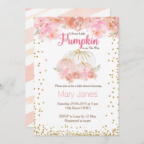 Pink girl pumpkin baby shower watercolor invitation