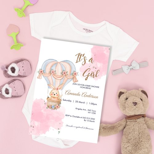 Pink Girl Rabbit Balloon Baby Shower Invitation