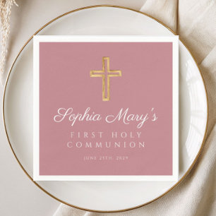 Pink Girl Religious Cross First Communion Napkins
