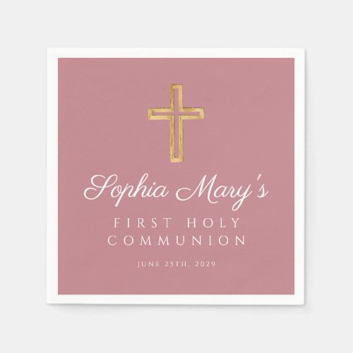 Pink Girl Religious Cross First Communion Napkins