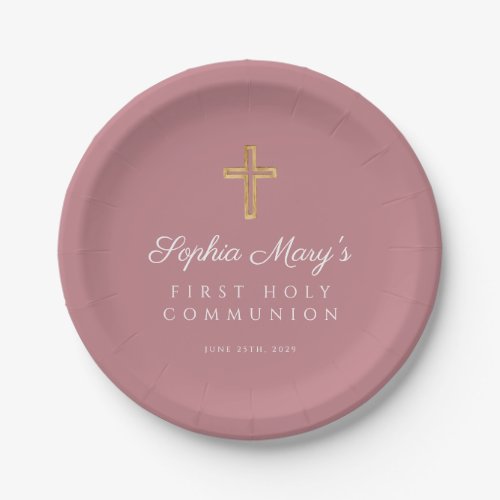 Pink Girl Religious Cross First Communion Paper Plates