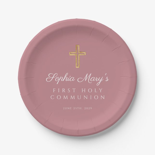 Pink Girl Religious Cross First Communion Paper Plates (Front)