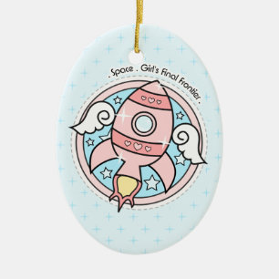 Pink Girl Rocketship Ceramic Ornament