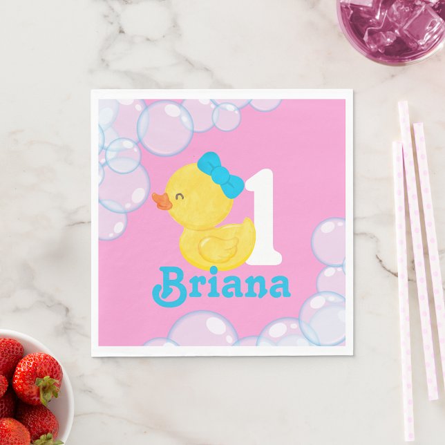Pink Girl Rubber Duck Personalized Birthday Napkins (Creator Uploaded)