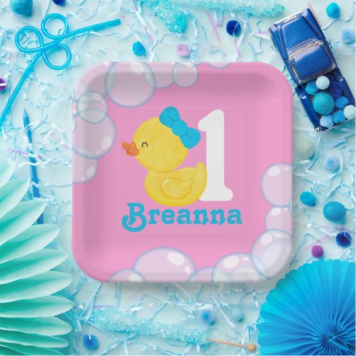 Pink Girl Rubber Duck Personalized Birthday Paper Plates