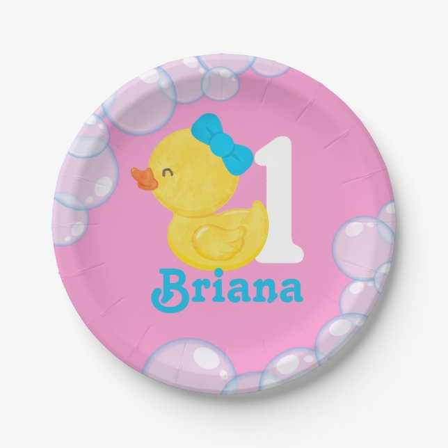 Pink Girl Rubber Duck Personalized Birthday Paper Plates (Front)