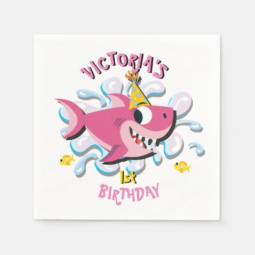 Pink Girl Shark Baby Birthday Party Napkins