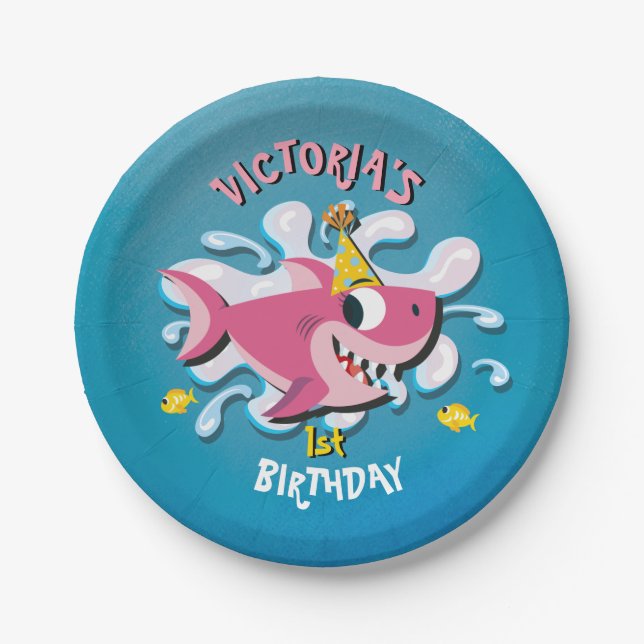 Pink Girl Shark Baby Birthday Party Paper Plates (Front)