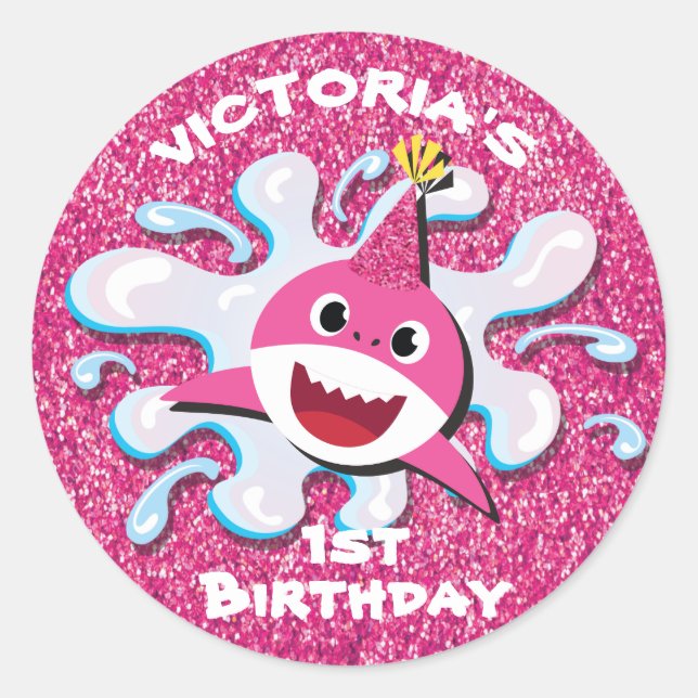 Pink Girl Shark glitter stickers (Front)