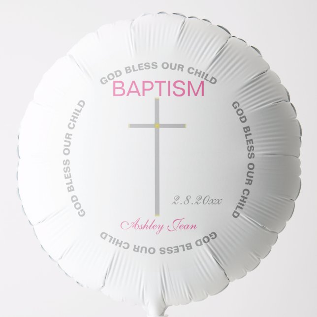 Pink Girl Silver Baptism Cross Balloon (Front)
