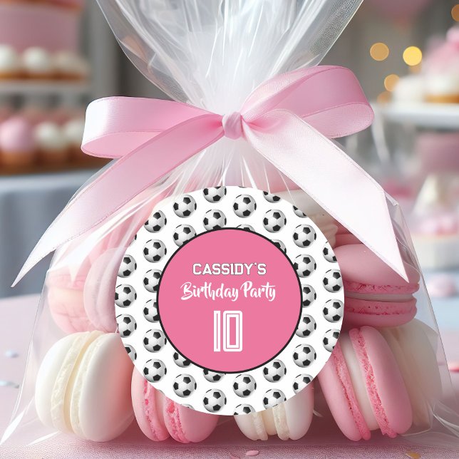 Pink Girl Soccer Birthday Party Classic Round Sticker (Creator Uploaded)