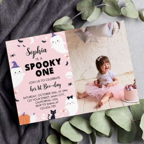 Pink Girl Spooky One Ghost 1st Birthday Invitation