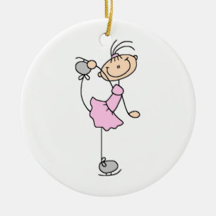 Pink Girl Stick Figure Ice Skater Ceramic Ornament