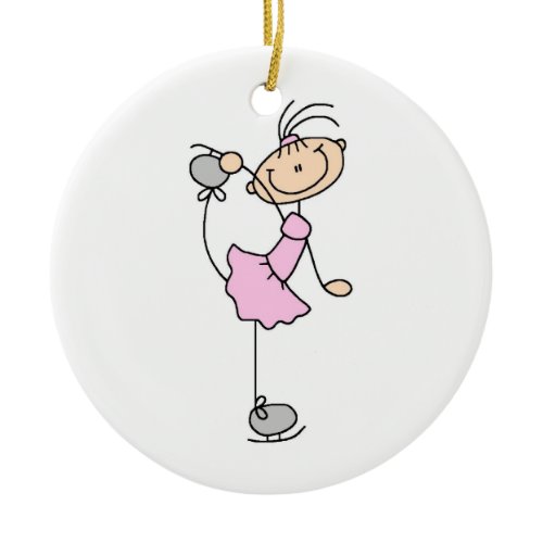 Pink Girl Stick Figure Ice Skater Ceramic Ornament