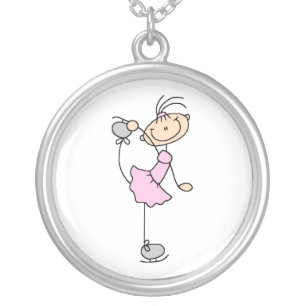Pink Girl Stick Figure Ice Skater Silver Plated Necklace