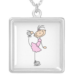 Pink Girl Stick Figure Ice Skater Silver Plated Necklace