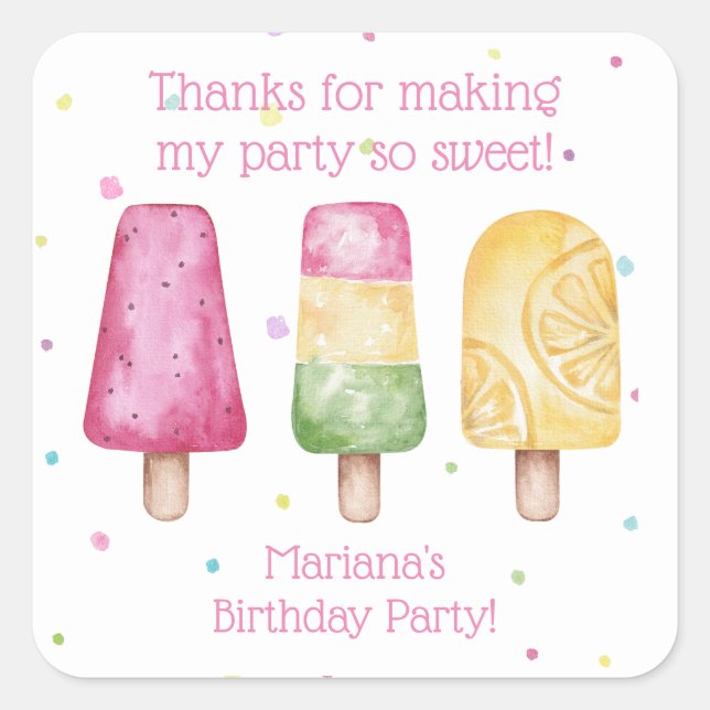 Pink Girl Summer Popsicle Birthday Favors Square Sticker (Front)