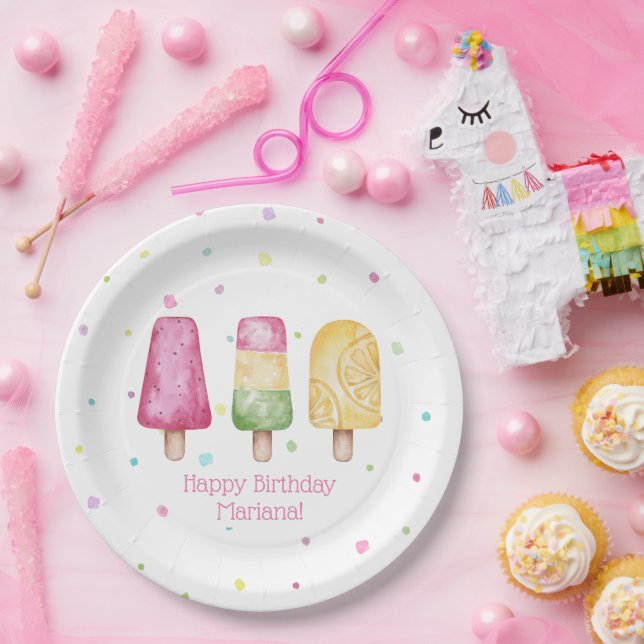 Pink Girl Summer Popsicle Birthday Party Paper Plates (Party)