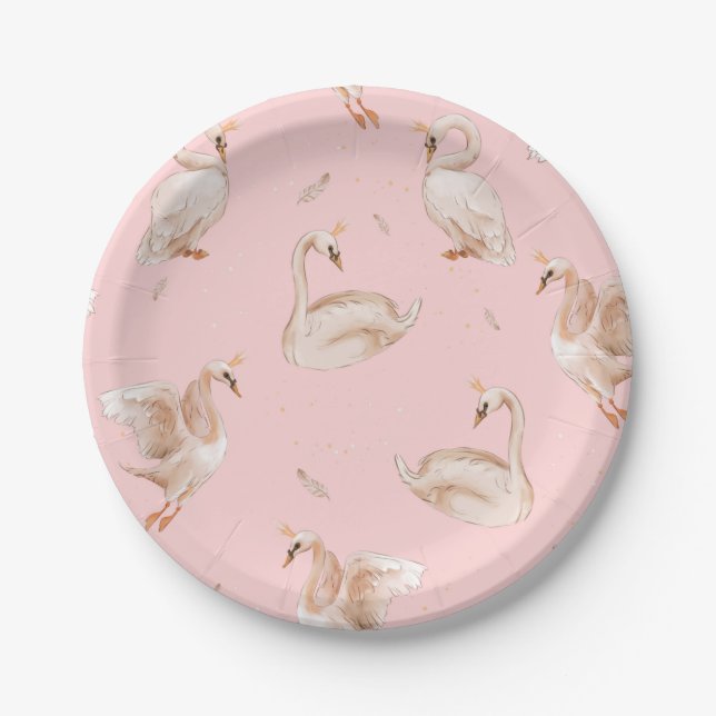 Pink Girl Swan Birthday/ Baby Shower /Party Paper Plates (Front)