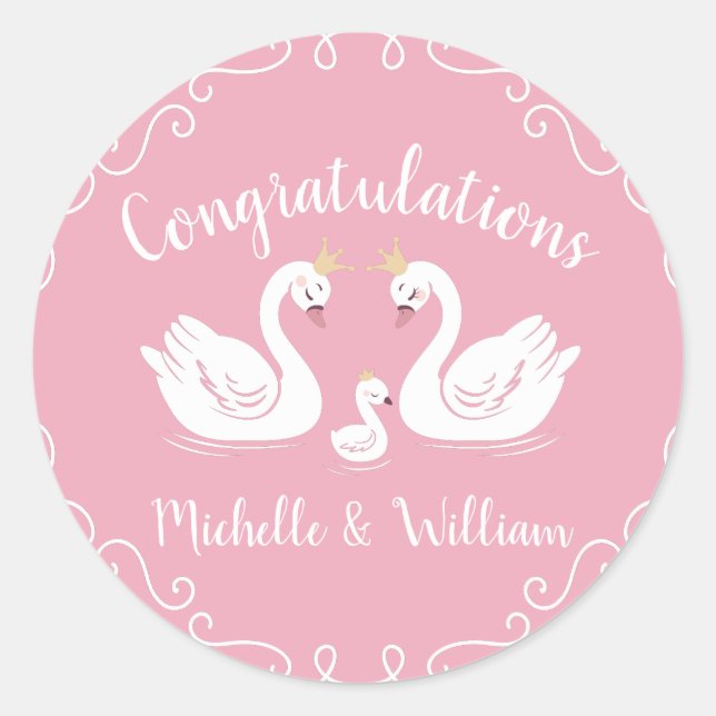 Pink Girl Swans Baby Shower Classic Round Sticker (Front)