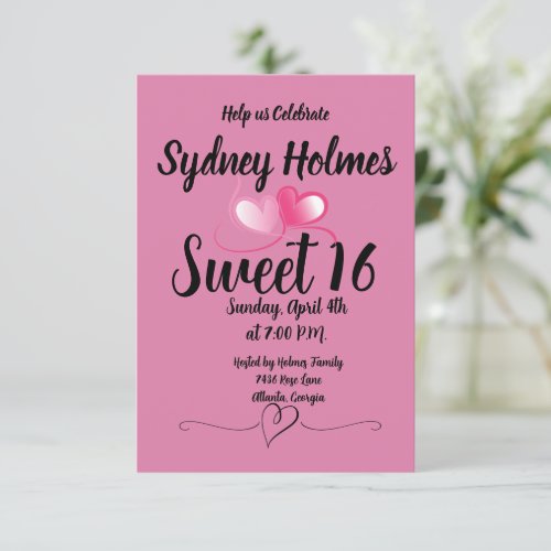 Pink Girl Sweet Sixteen Party Invitation hearts