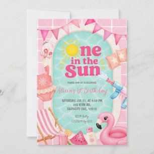 Pink Girl Swimming Pool One in the Sun Birthday pa Invitation