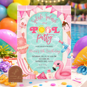 Pink Girl Swimming Pool party birthday Invitation
