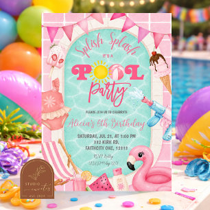 Pink Girl Swimming Pool party birthday Invitation