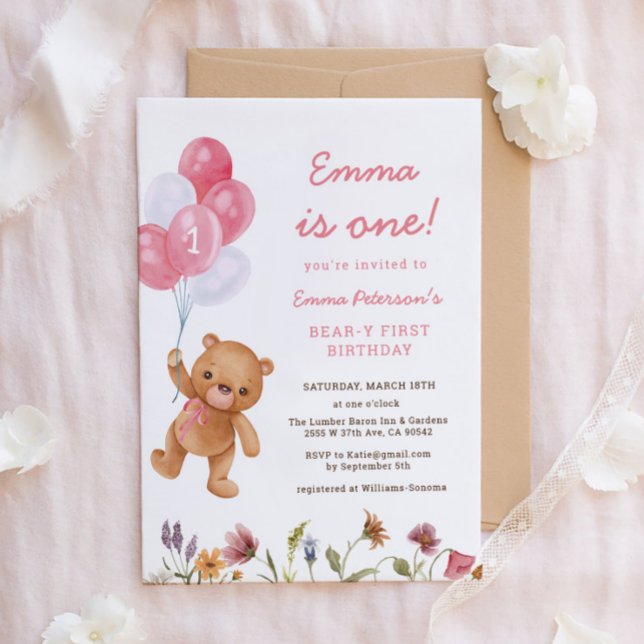 Pink Girl Teddy Bear 1st Birthday Invitation (Creator Uploaded)