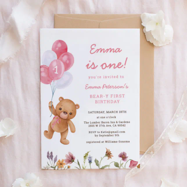 Pink Girl Teddy Bear 1st Birthday Invitation | Zazzle
