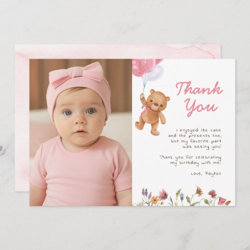 Pink Girl Teddy Bear 1st Birthday Thank You