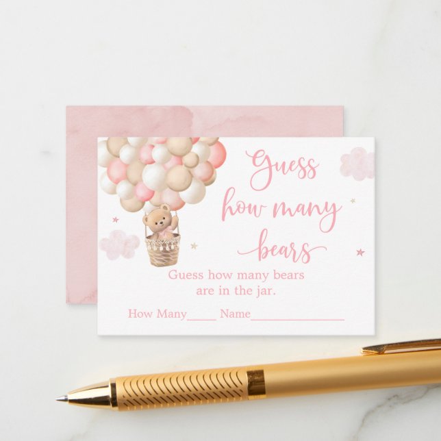 Pink Girl Teddy Bear Baby Shower Guess How Many Enclosure Card (Front/Back In Situ)