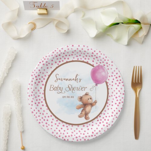 Pink Girl Teddy Bear Baby Shower Paper Plate