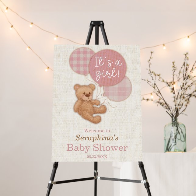 Pink Girl Teddy Bear Baby Shower Welcome Sign (In Situ (Stand))