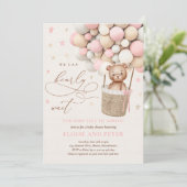 Pink Girl Teddy Bear Balloon Baby Shower  Invitation (Standing Front)
