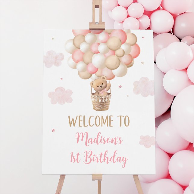 Pink Girl Teddy Bear Balloon Birthday Welcome Foam Board (Creator Uploaded)
