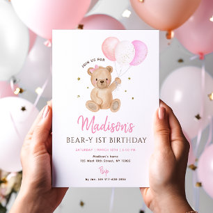 Pink Girl Teddy Bear Balloon First Birthday Invitation