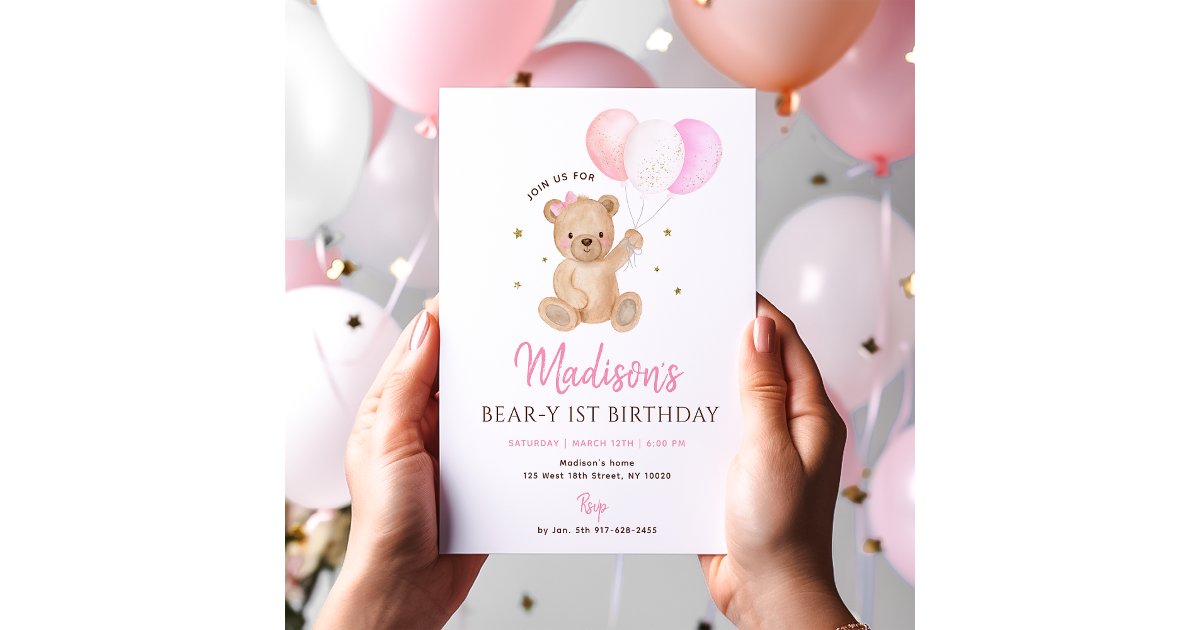 Pink Girl Teddy Bear Balloon First Birthday Invitation | Zazzle