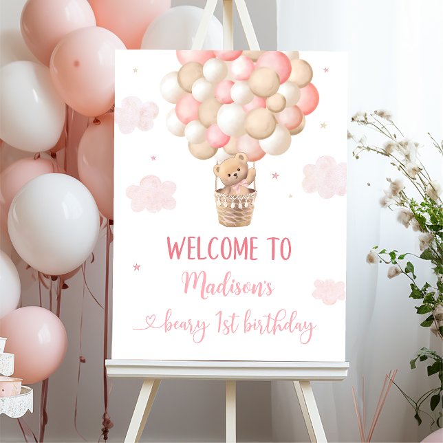 Pink Girl Teddy Bear Balloons 1st Birthday Welcome Foam Board (Creator Uploaded)