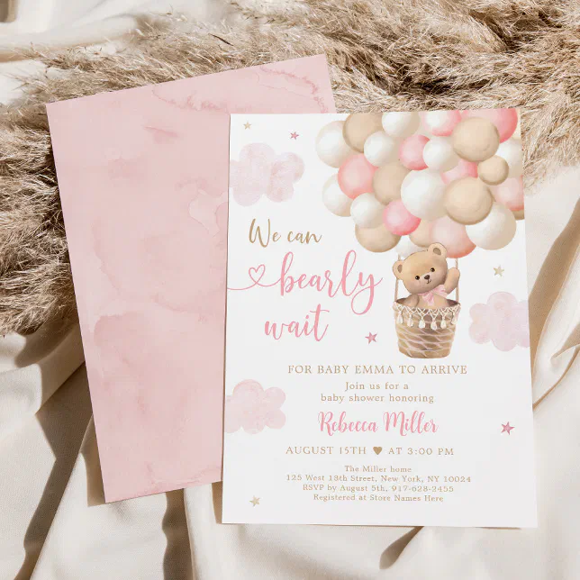 Pink Girl Teddy Bear Balloons Baby Shower Invitation | Zazzle