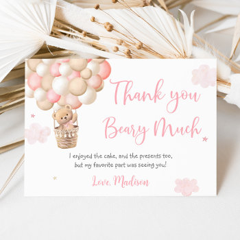 Pink Girl Teddy Bear Balloons Birthday Thank You Card by LittlePrintsParties at Zazzle