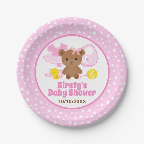 Pink Girl Teddy Bear Clothes Baby Shower Paper Plates