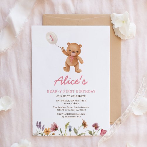 Pink Girl Teddy Bear First Birthday Invitation