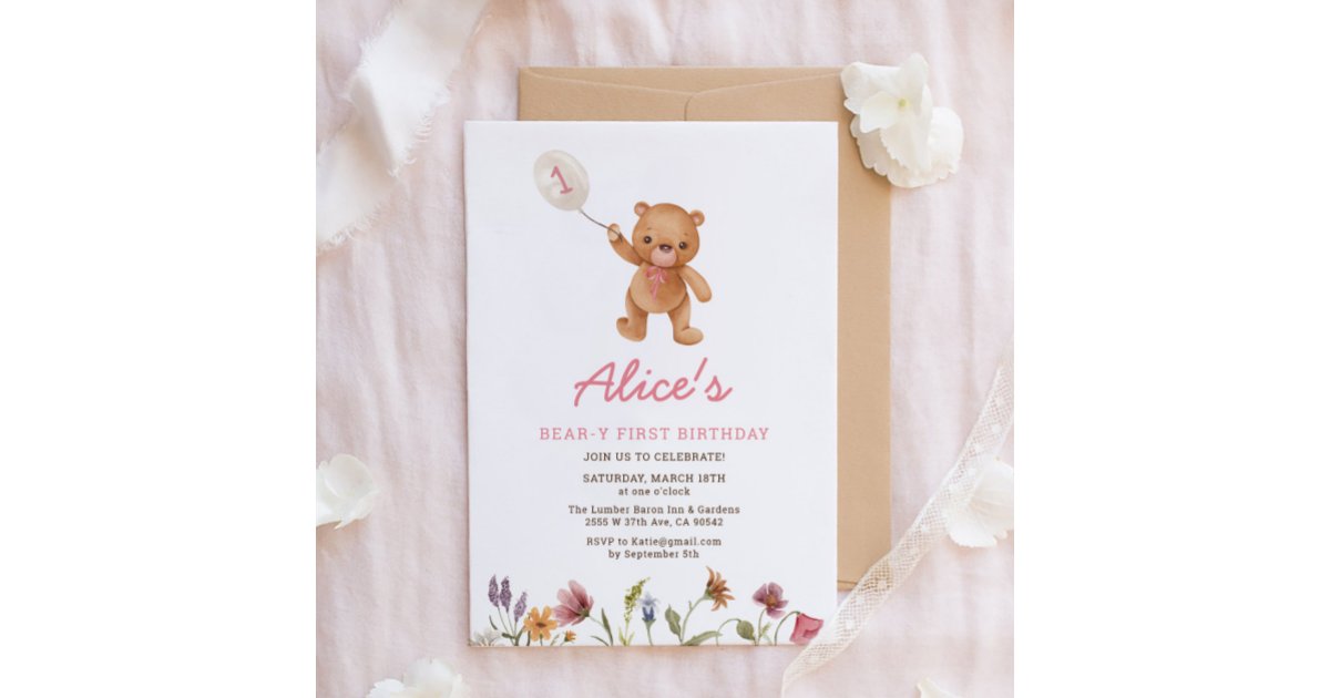 Pink Girl Teddy Bear First Birthday Invitation | Zazzle