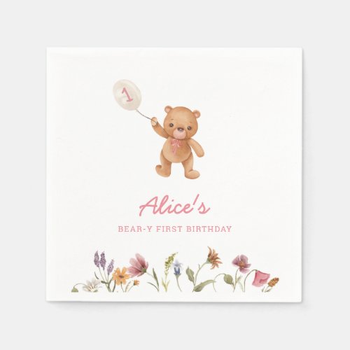 Pink Girl Teddy Bear First Birthday Invitation Napkins